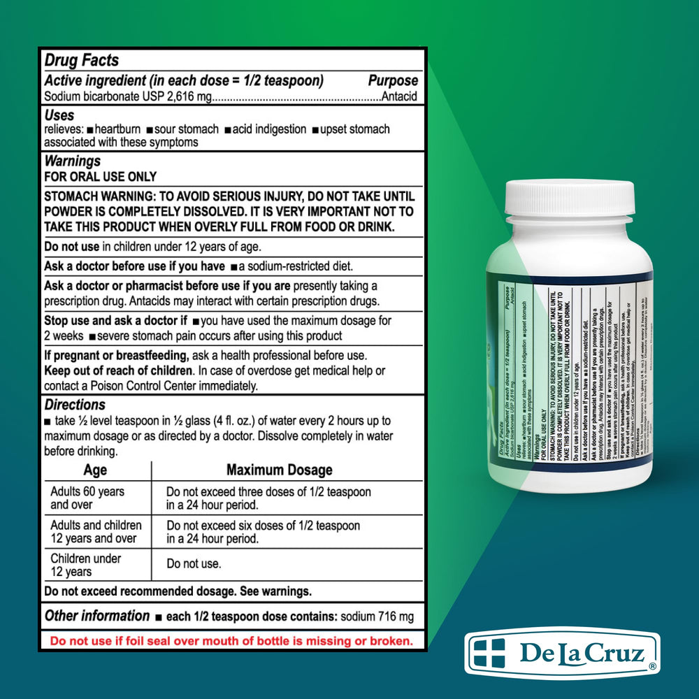 De La Cruz sodium bicarbonate powder on kitchen counter highlighting USA packaging and purity.