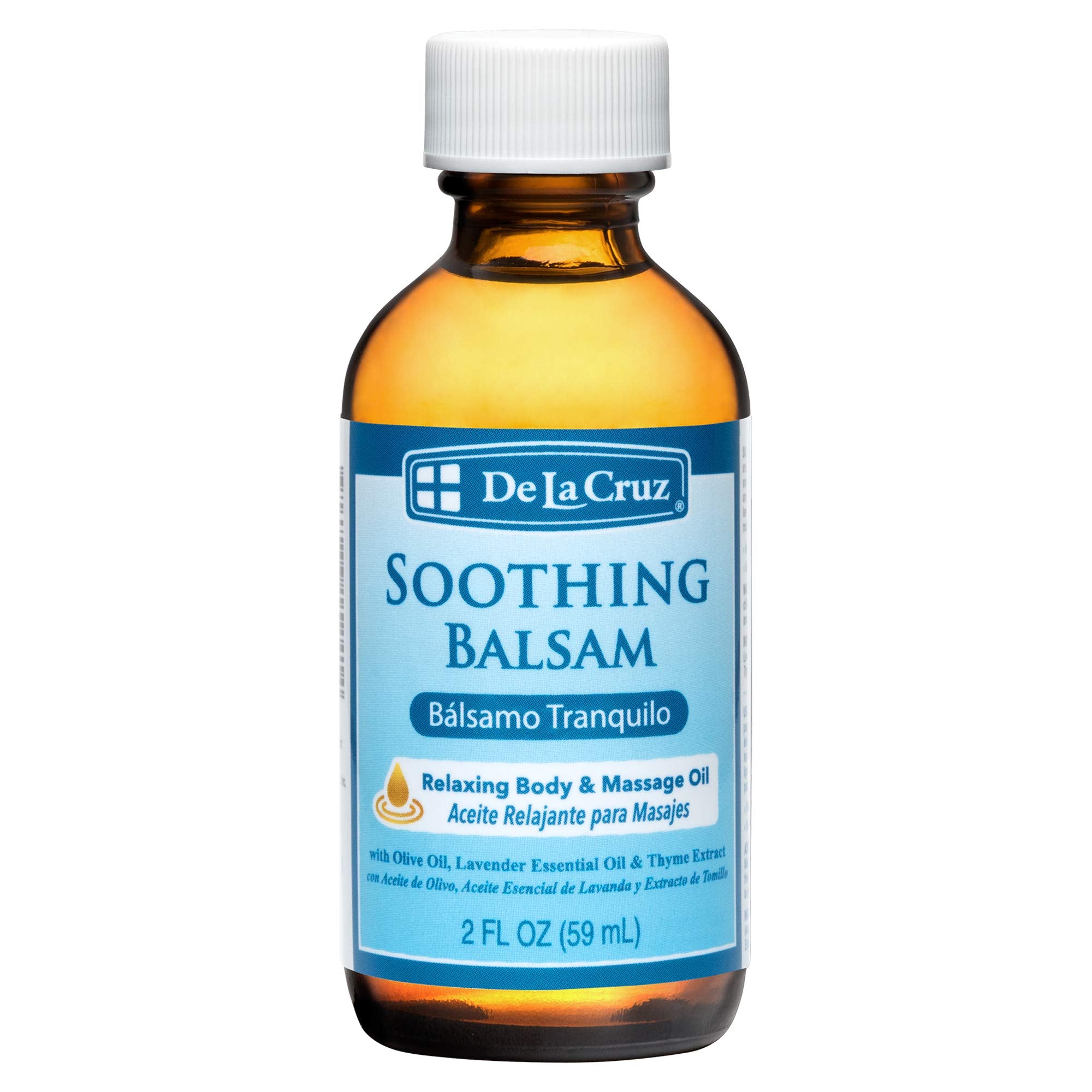 Front view of De La Cruz Soothing Balsam Massage Oil bottle
