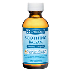 Front view of De La Cruz Soothing Balsam Massage Oil bottle
