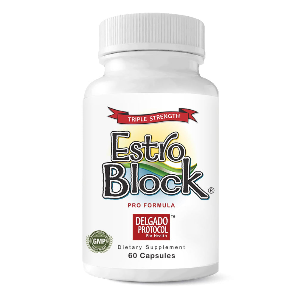 Delgado Protocol Estroblock Pro bottle on a clean countertop supports daily hormonal balance.