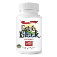 Delgado Protocol Estroblock Pro bottle on a clean countertop supports daily hormonal balance.