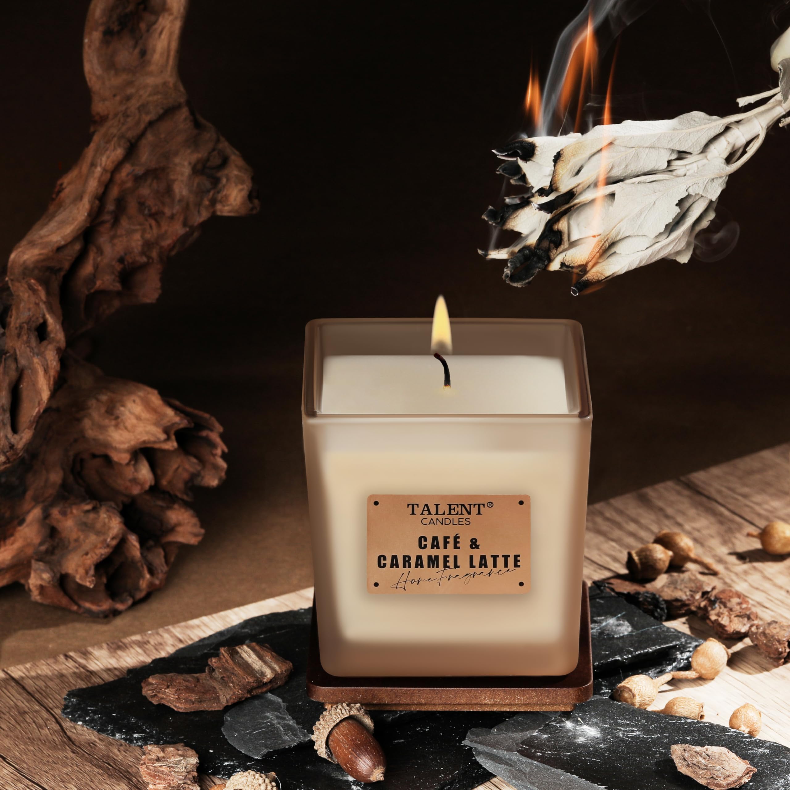 Cafe & Caramel Latte fragrance label on candle