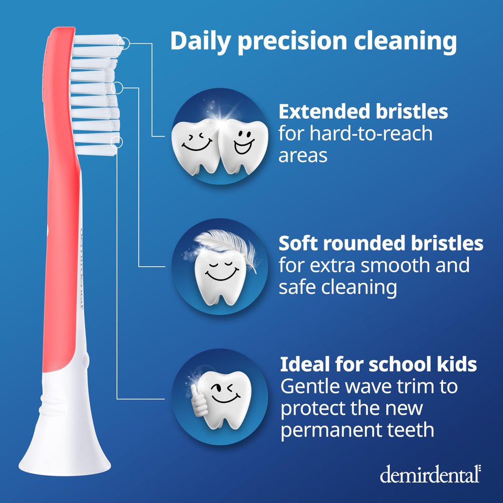 demirdental kids toothbrush heads for ages 7-10 in blue