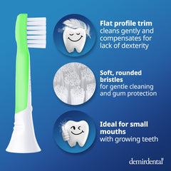 Soft bristles and rubberized head for gentle brushing on kids' teeth