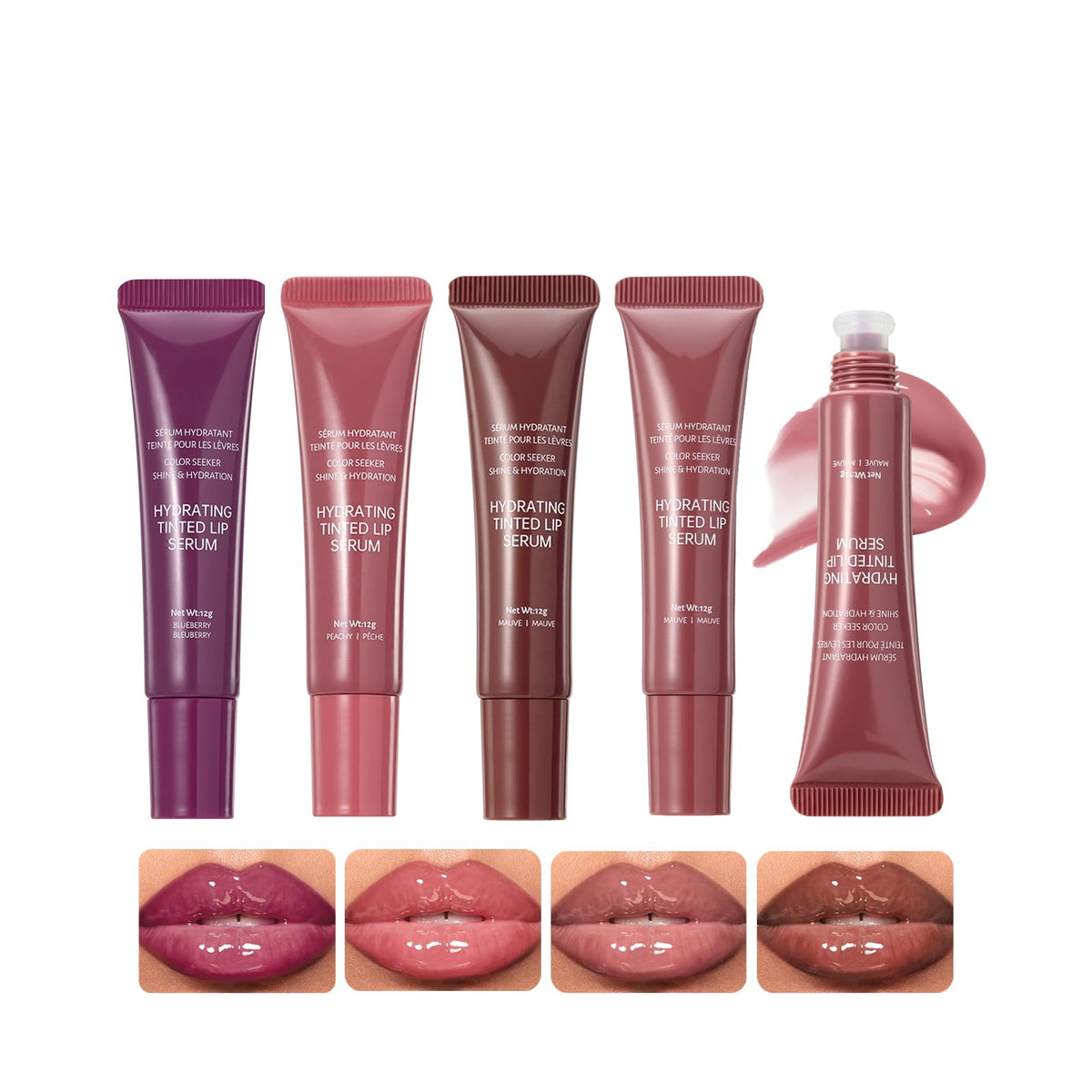 DENESTUP lip gloss swatches show hydrating nude shades for quick shade reference.