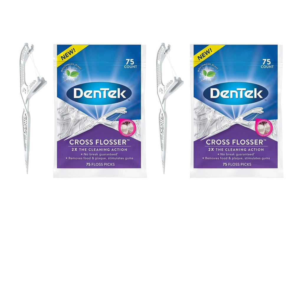 DenTek Cross Flosser Plaque Control floss picks with X-shaped floss hugging teeth