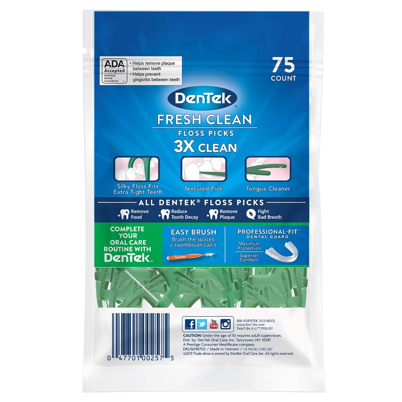 Textured floss pick removes food and plaque