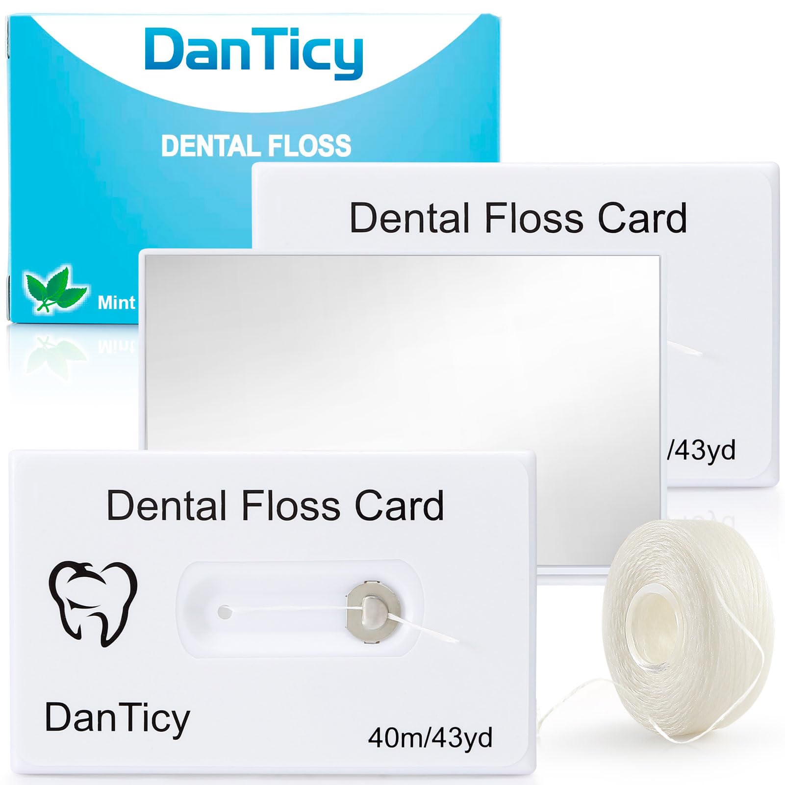Credit card dental floss with built-in mirror front view