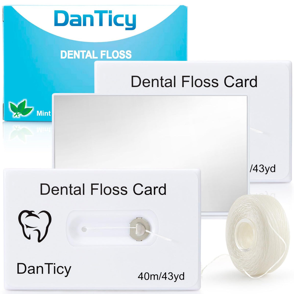 Credit card dental floss with built-in mirror front view