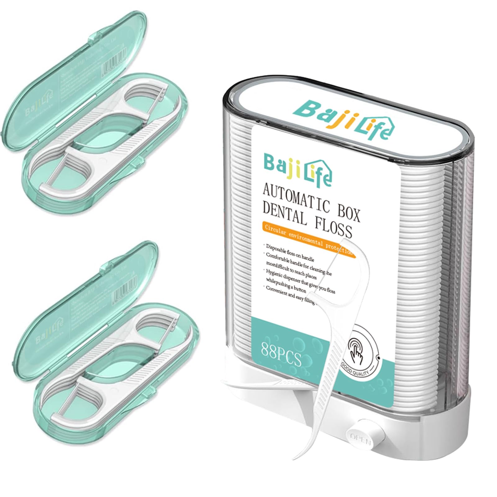 Front view of dental floss pick dispenser with 104-count set