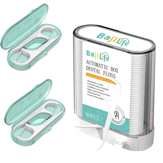 Front view of dental floss pick dispenser with 104-count set