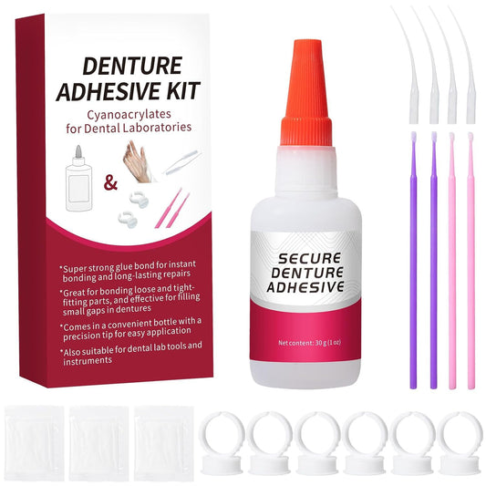 Dental Lab Glue 1 oz bottle with micro brush applicator for denture repairs; for dental laboratory tools only.