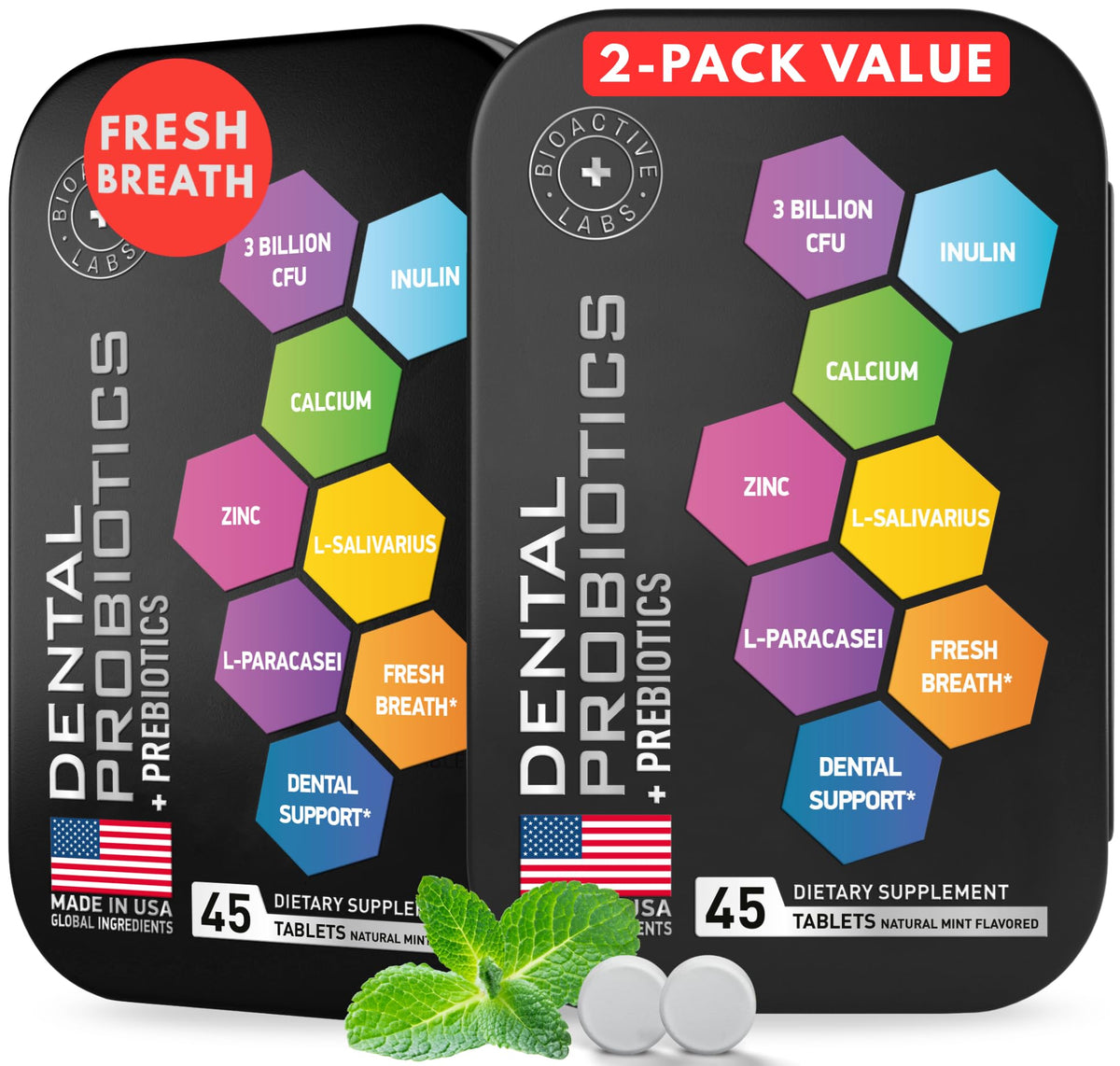 Box and bottle of dental probiotics for teeth and gums