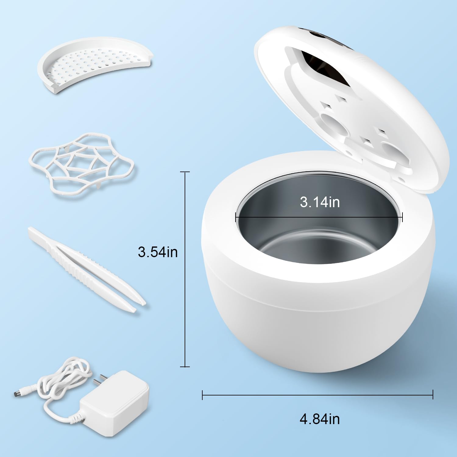 Cleans dentures, aligners, mouth guards, braces, toothbrush heads and jewelry