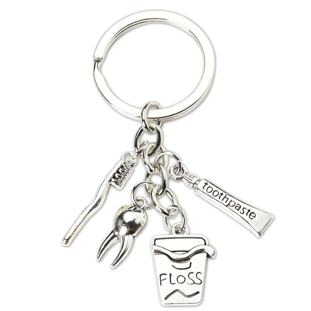 Silver dental keychain with toothbrush and floss pendant