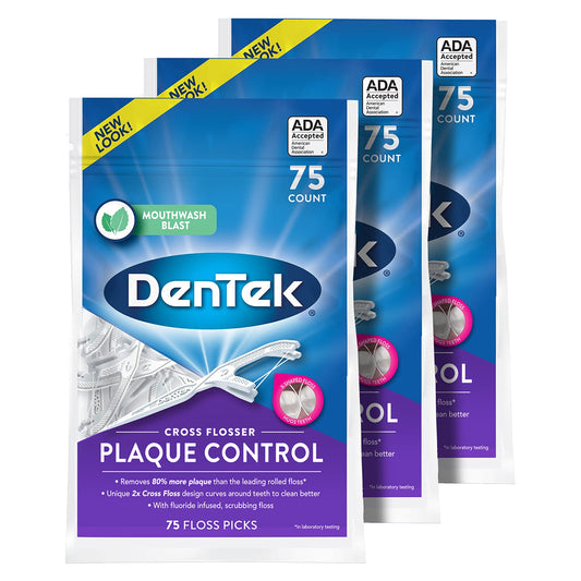 Front view of DenTek Cross Flosser Plaque Control Floss Picks 75-count 3-pack