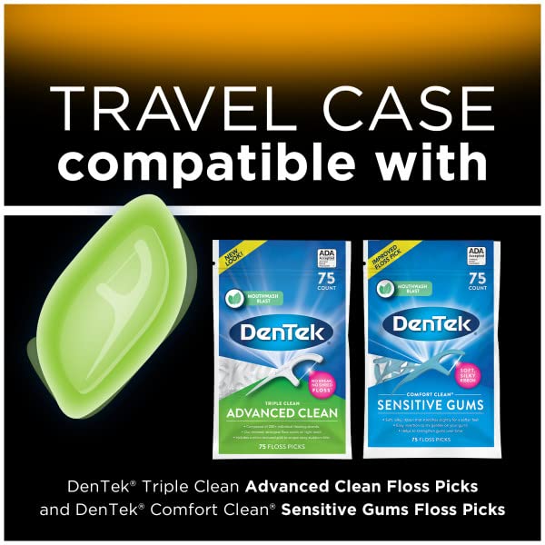 DenTek floss picks positioned beside travel case for travel-ready care