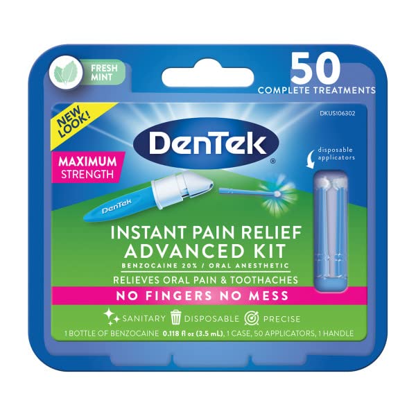 Close-up of kit contents showing benzocaine bottle, applicators, handle, and case