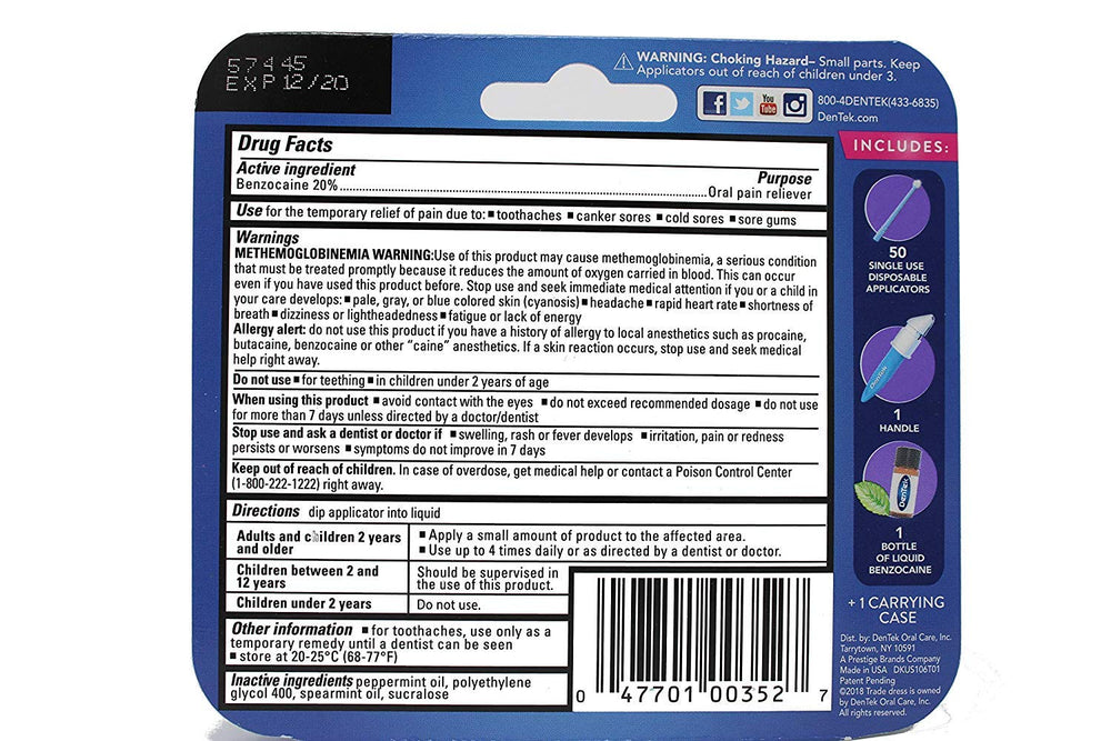 Benzocaine 20% bottle with 50 disposable applicators and handle
