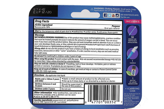 Benzocaine 20% bottle with 50 disposable applicators and handle