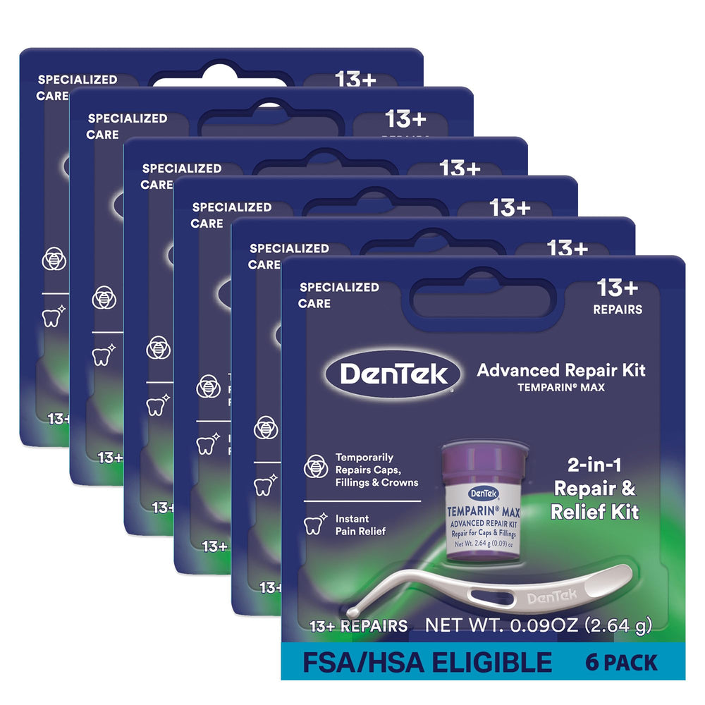Box and packaging of Dentek Temparin Max Repair Kit Pack of 6
