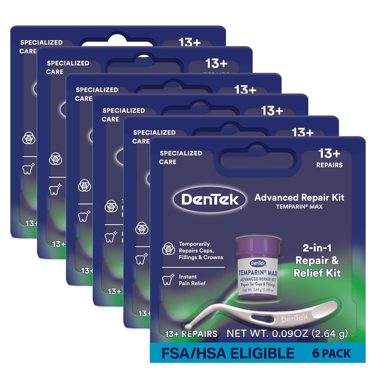 Box and packaging of Dentek Temparin Max Repair Kit Pack of 6