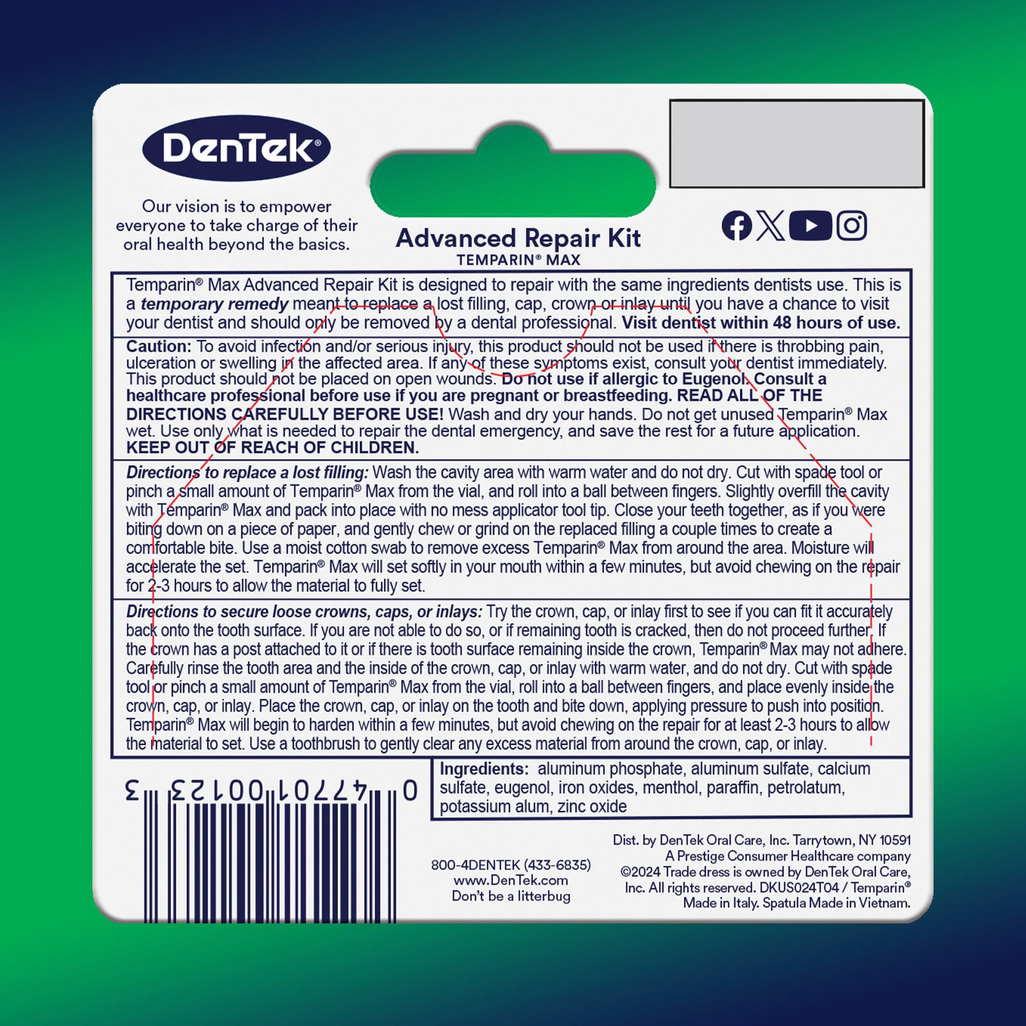 Oral care kit featuring Temparin Max for emergency dental needs