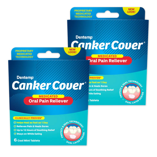Dentemp Canker Cover 2-pack packaging with 12 count tablets