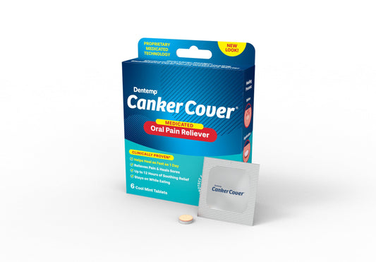Open blister pack showing six mint-flavored canker sore patches