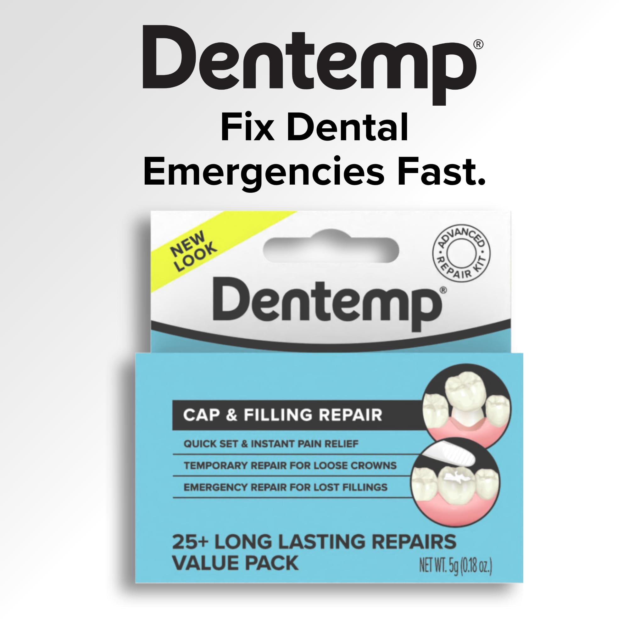 Value-size Dentemp kit indicating over 25 uses.