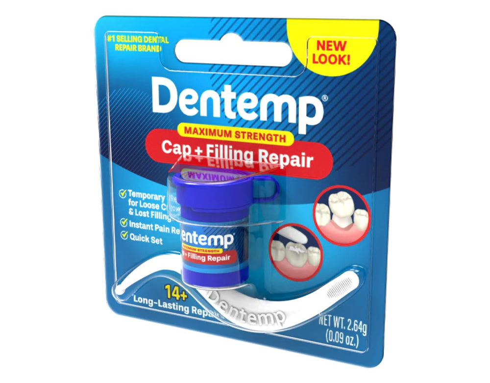 Dentemp packaging for maximum-strength dental repair of lost fillings and loose caps.