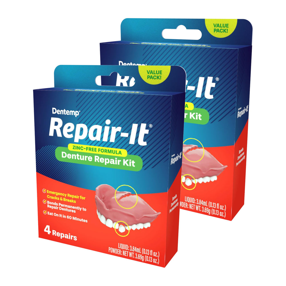 Denture repair kit components for repairing cracks and loose teeth