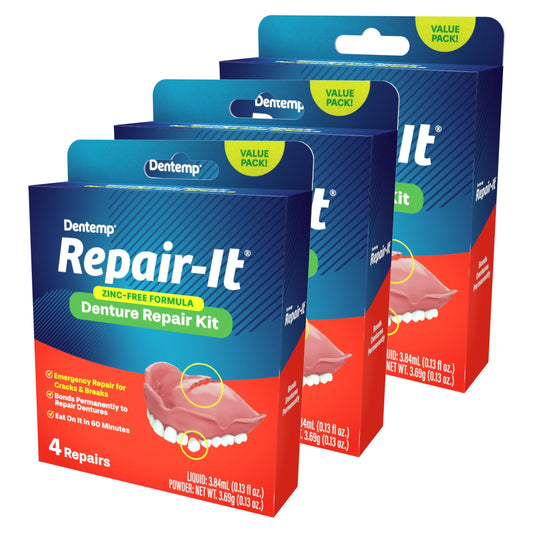 Dentures repair materials from Dentemp Repair Kit being used to mend dentures