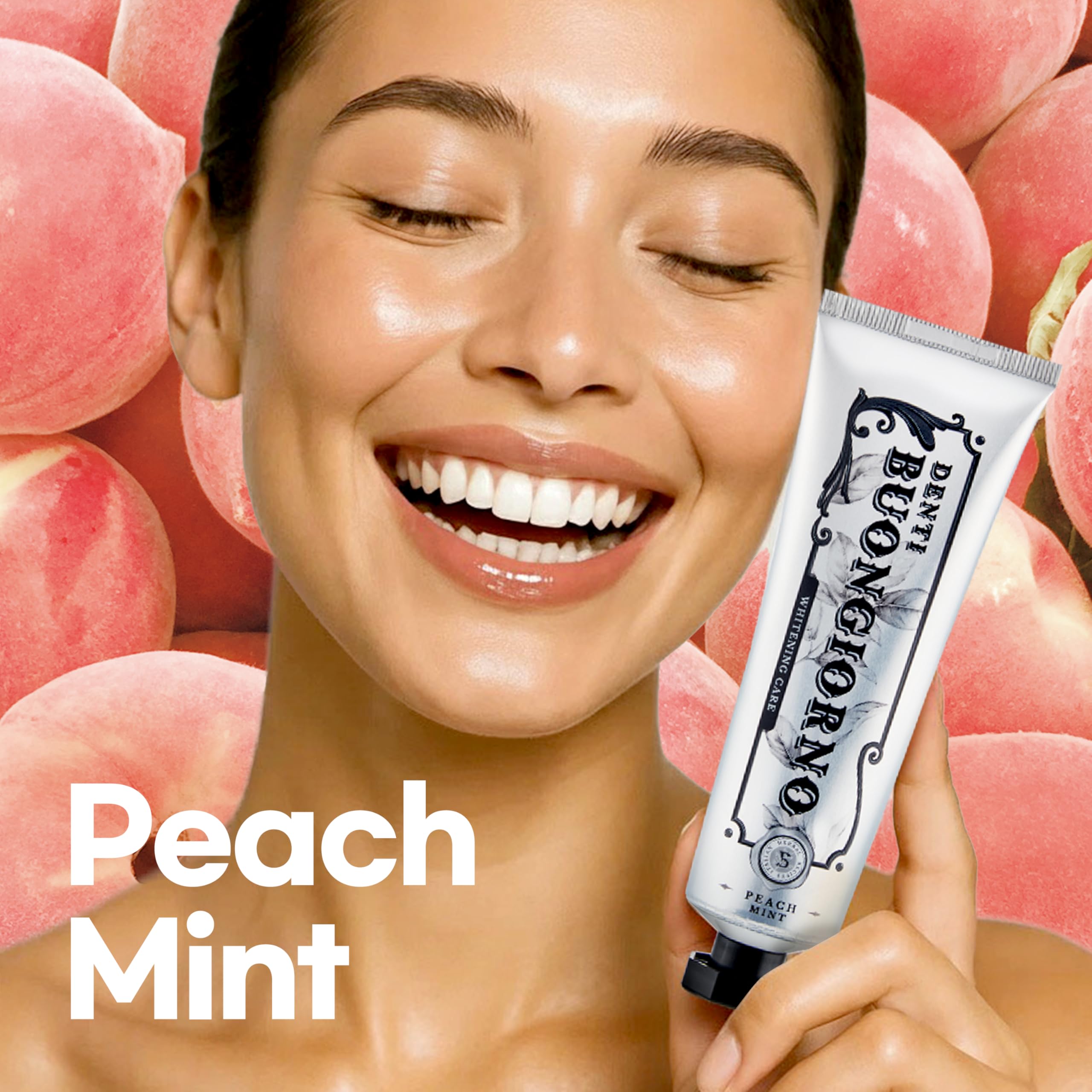 Tube of DENTI BUONGIORNO Peach Mint Whitening Toothpaste
