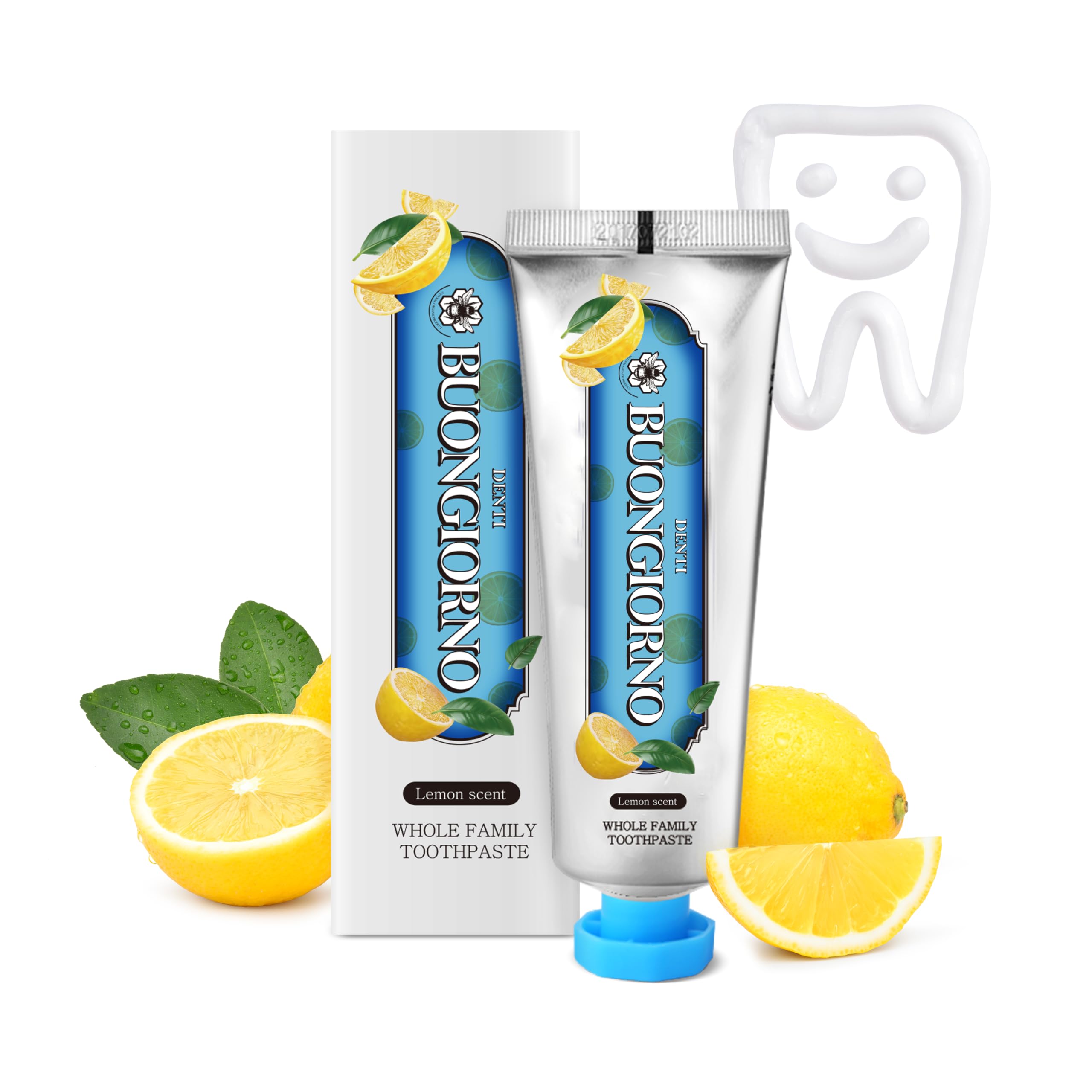 DENTI BUONGIORNO Plaque Care Toothpaste Lemon Mint packaging and tube