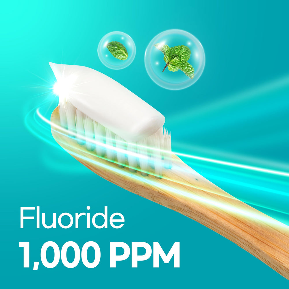 Close-up of toothpaste label showing Herbal Mint and fluoride information