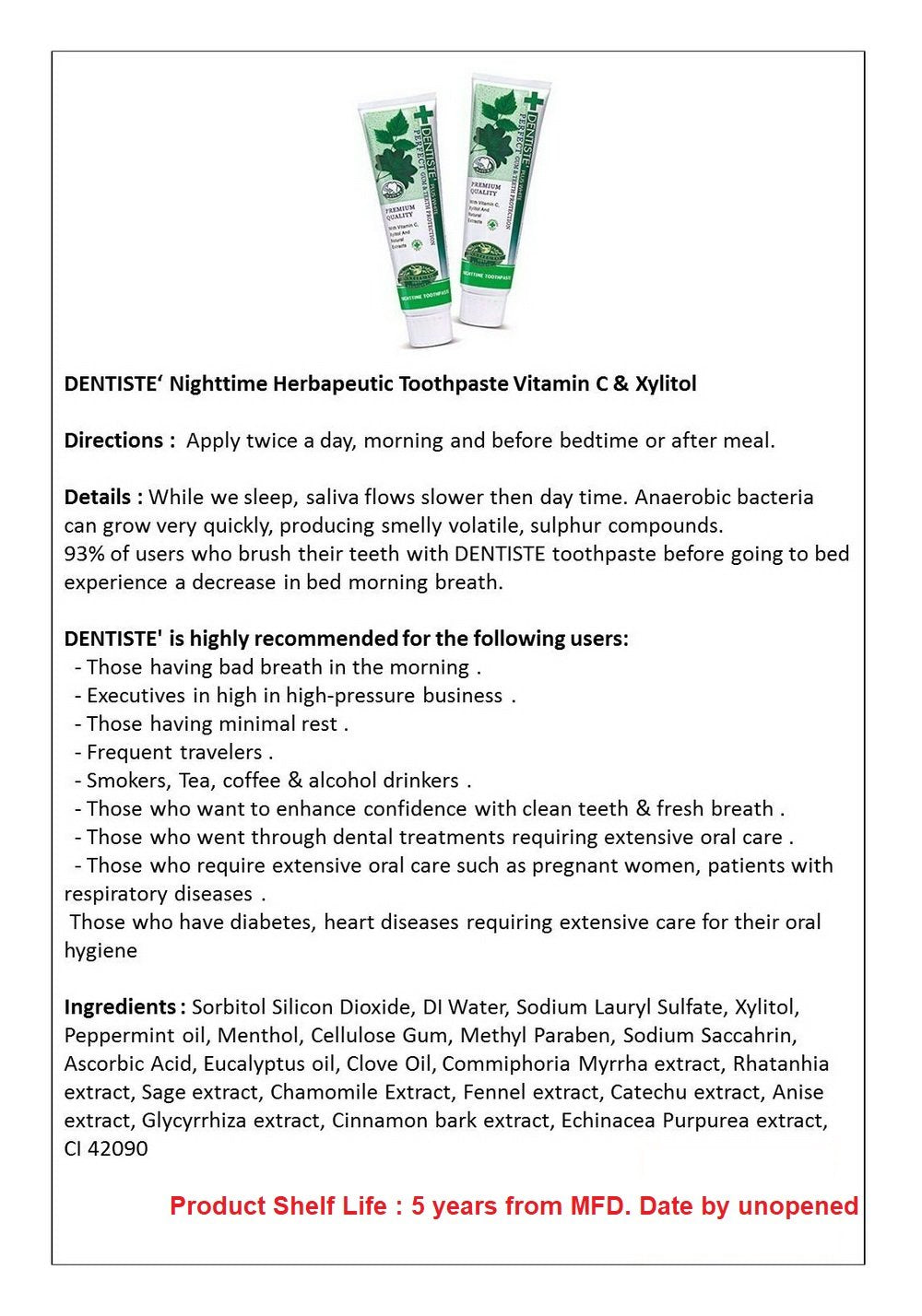 Close-up of the Dentiste Plus White Vitamin C & Xylitol Gum Toothpaste 2x100g label