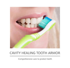 Close-up of applying Dentite Tooth Armor liquid onto teeth