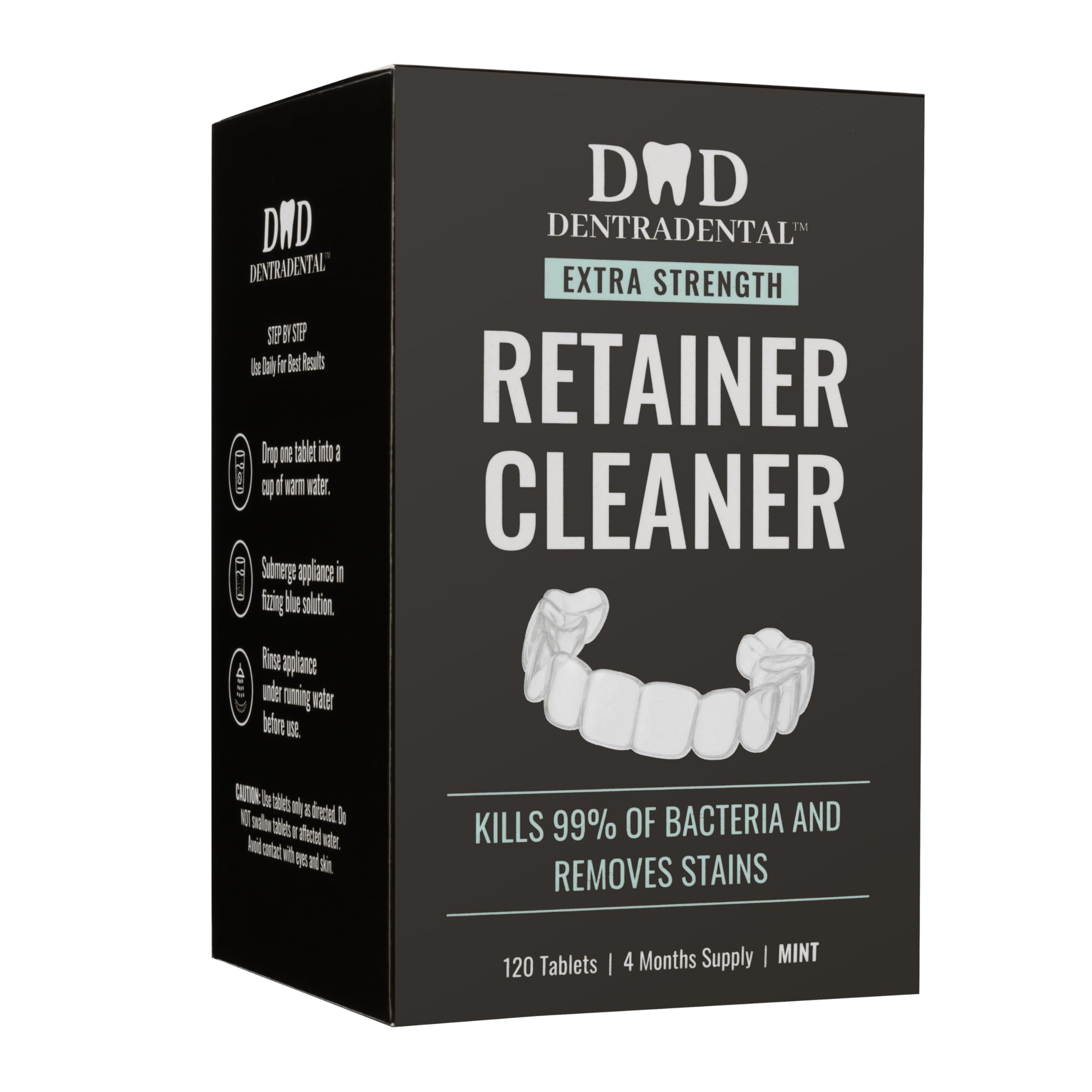 Packaging of DENTRA DENTAL 120-count Retainer Cleaner Tablets - Mint