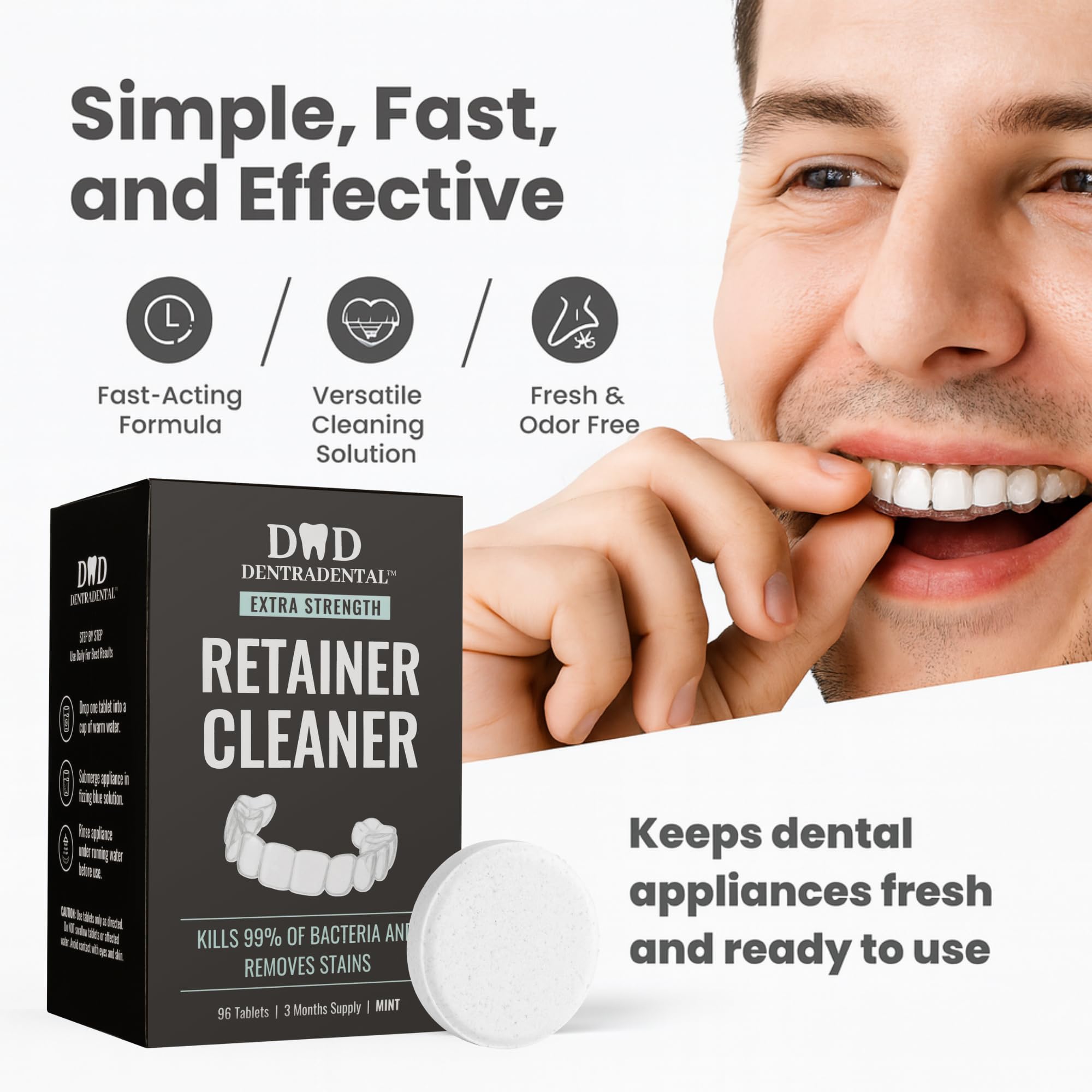 3-month supply packaging of DENTRA DENTAL cleaning tablets