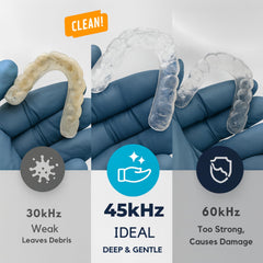 Retainer, denture, mouth guard and jewelry being cleaned