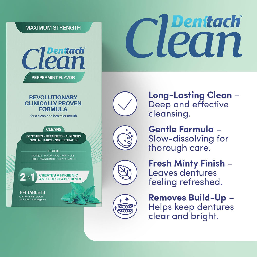 Packaging image showing two boxes of Denttach Clean denture cleaner tablets, 208-count total