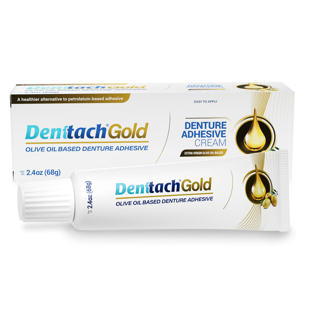 Tube of Denttach Gold olive oil-based denture adhesive