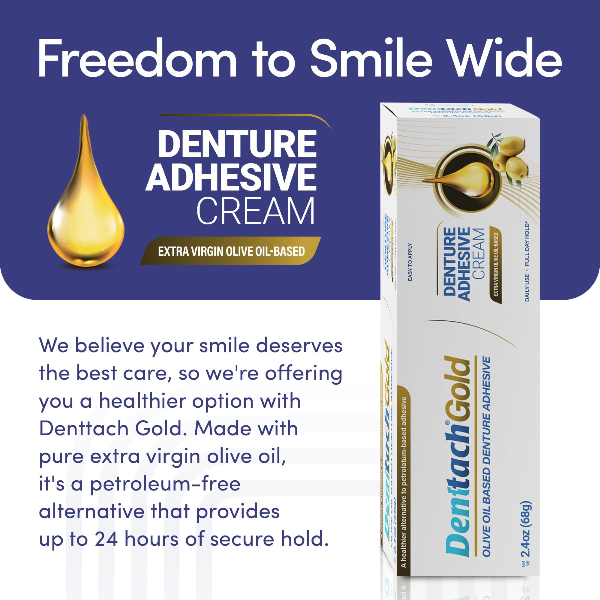 Creamy olive oil-infused texture of Denttach Gold adhesive