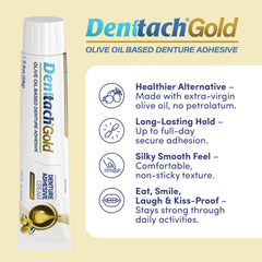 Denttach Gold provides all-day hold for full and partial dentures