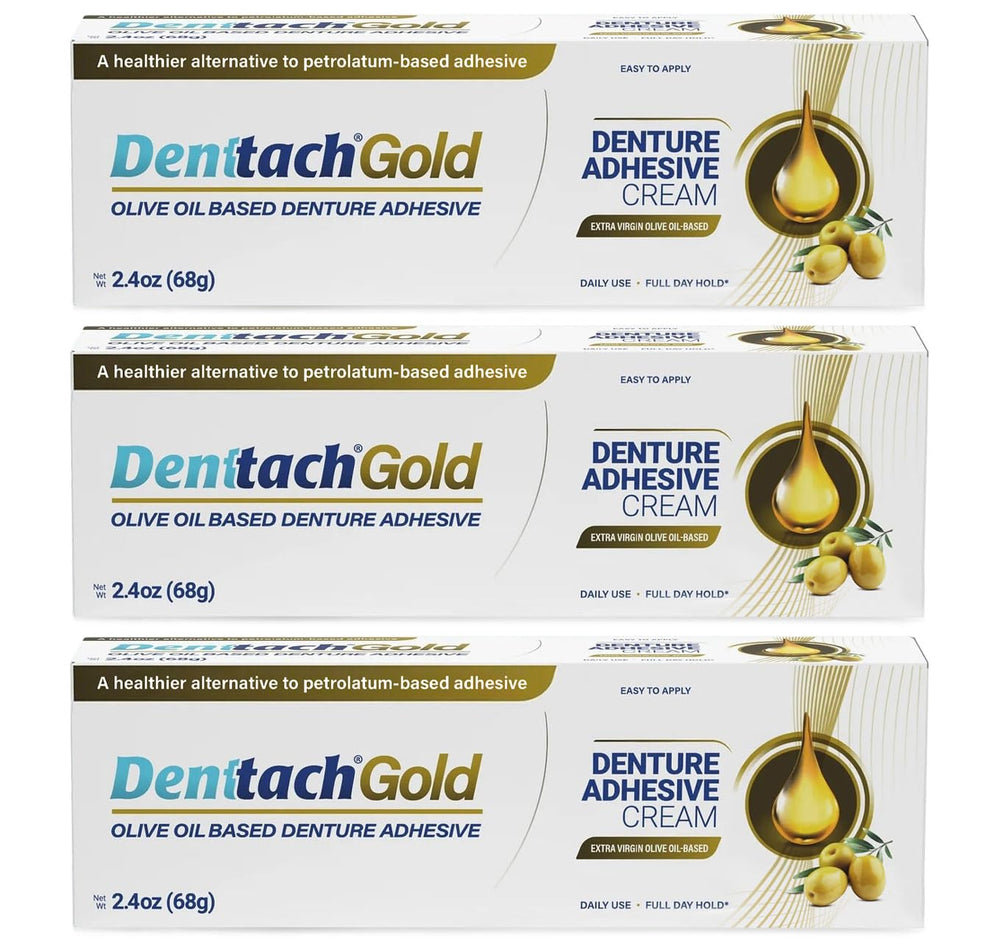 Denture Adhesive Denttach Gold olive oil-based formula packaging