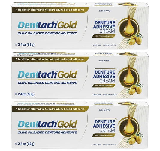 Denture Adhesive Denttach Gold olive oil-based formula packaging