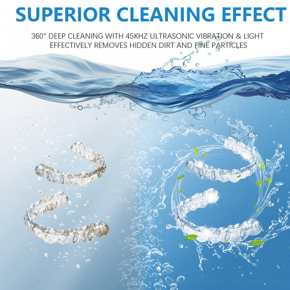 Cleaning pod for dentures, aligners, and mouth guards with LED