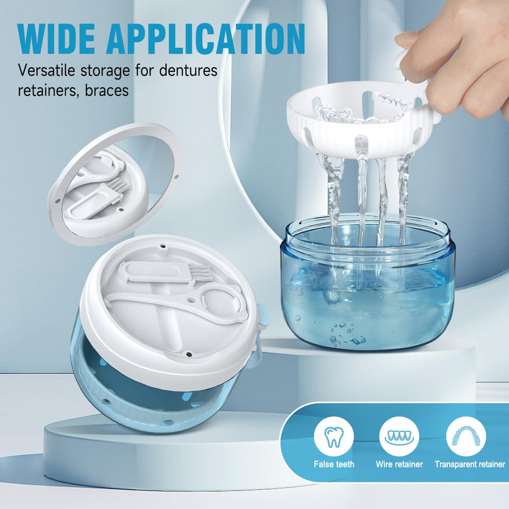 Portable denture case featuring drain tray and wrist strap