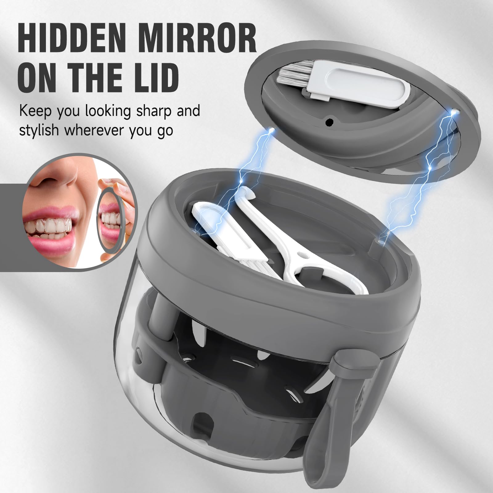 Magnetic hidden mirror inside the denture travel case